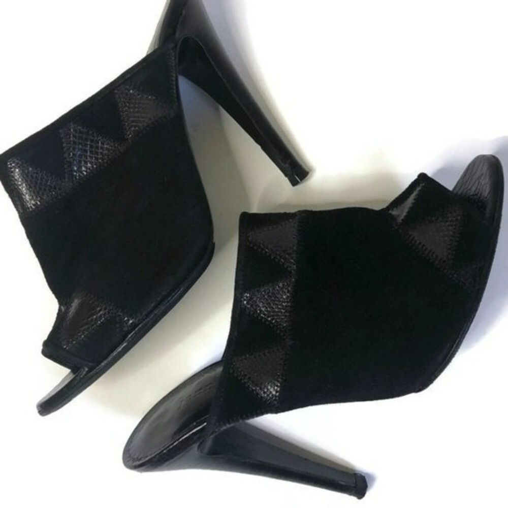 Jenni Kayne mule suede patchwork black embossed crocodile trim stiletto heels - Picture 8 of 9